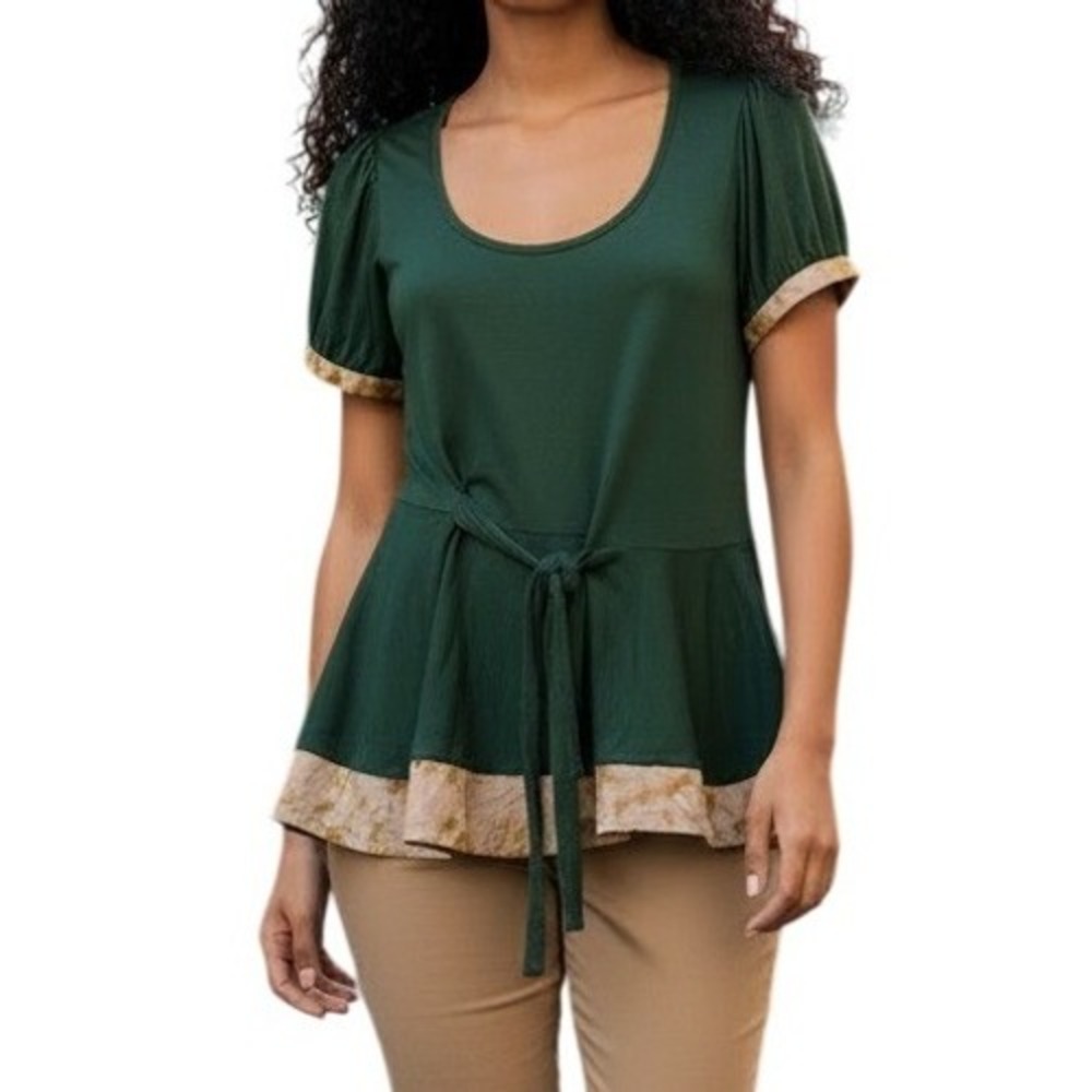 ANTHROPOLOGIE LEFT OF CENTER Forest Green‎ Peplum Tie Waist Puff Sleeve Top S